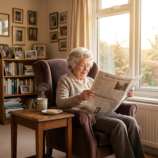 Elderly resident reading peacefully by a sunlit window at home