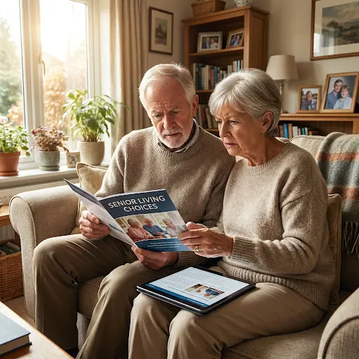 Older couple reviewing senior care options together at home
