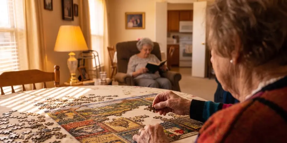Residents enjoying puzzles and reading in a cozy living room
